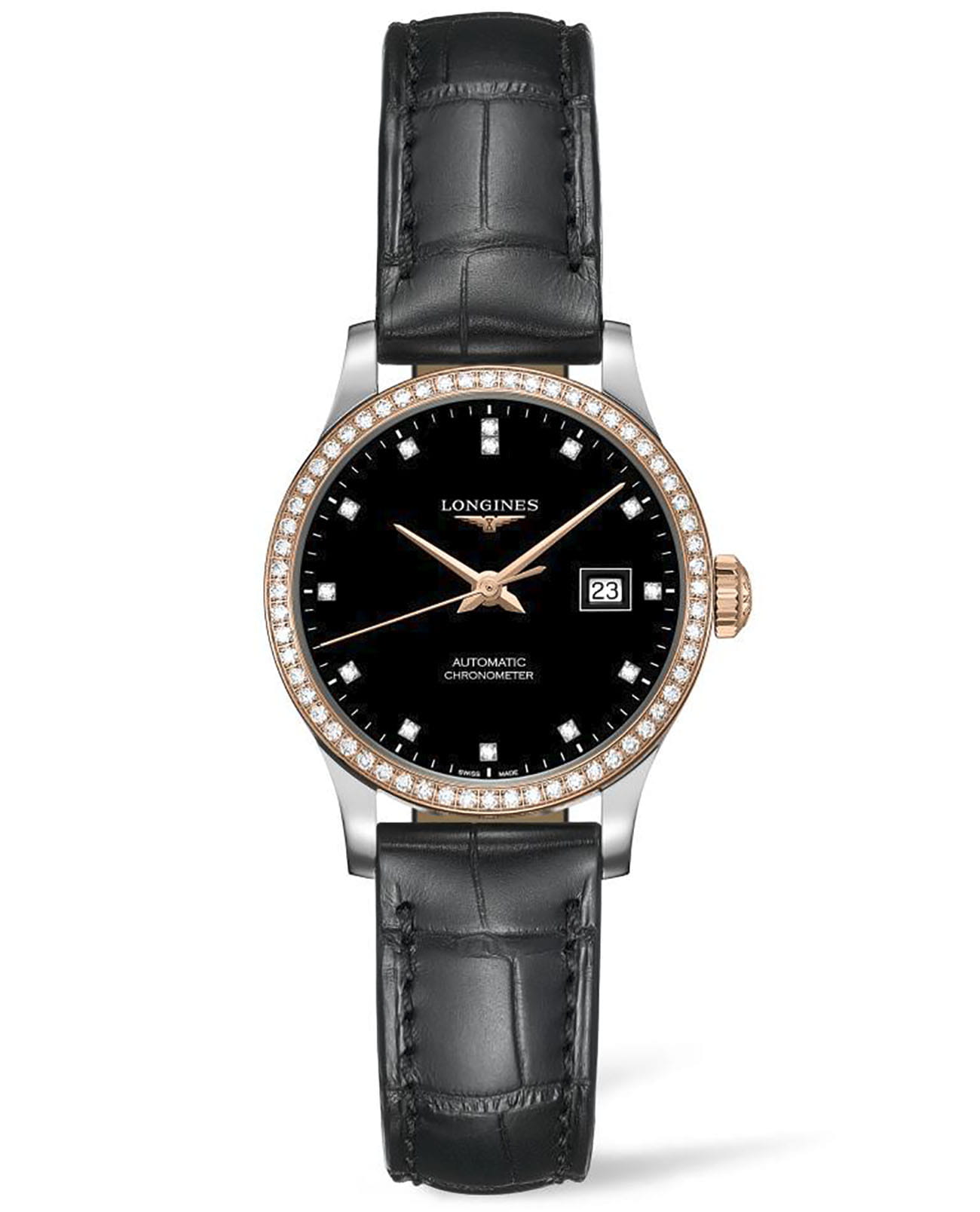 Longines Longines Record Collection L2.321.5.59.2  L23215592 механические женские часы черный циферблат, браслет кожаный — вид спереди